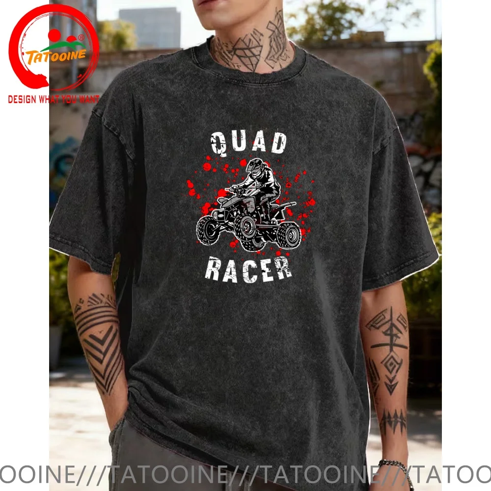 Vintage Washed Cotton T-Shirt Funny Designer Quad Racer ATV Offroad T Shirt Men Fashion Trendy Casual Clothing Stylish Tops Tees