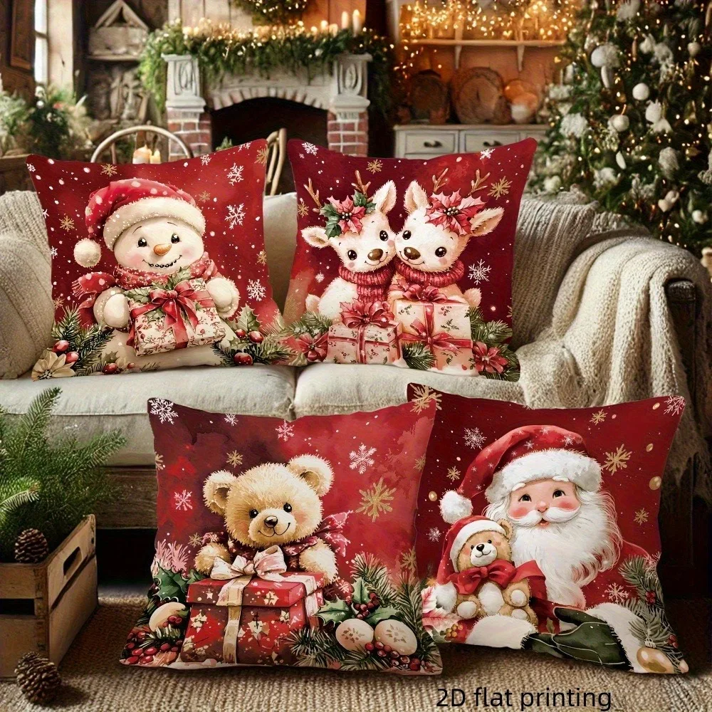 Entre los copos de nieve sobre un fondo rojo, linda funda de almohada con imagen navideña, decoración del hogar de Año Nuevo