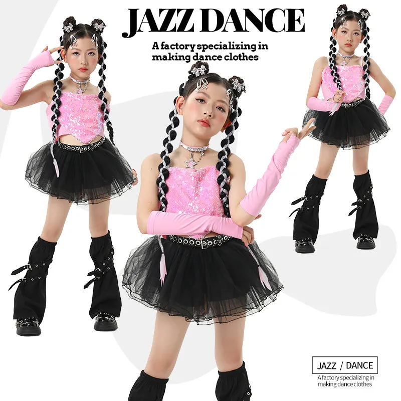 

2026 Kids Jazz Dance Costumes For Girls Pink Sequin Vest Black Mesh Skirts Suit Hiphop Dance Performance Stage Clothing XH4375