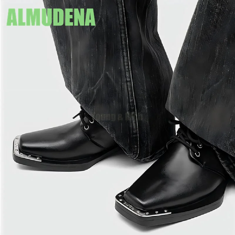 Metal Upturned Casual Leather Shoes Fashionable Square Toe Thick Sole Simple Lace Up Design Mid Heeled Derby Shoes