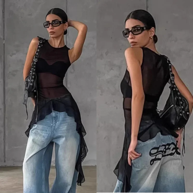 شبكة انظر من خلال تي شيرت بلا أكمام غاسل لصق أعلى سليم صالح بلون مثير عارضة حزب الشاطئ الأزياء بلوزة للنساء