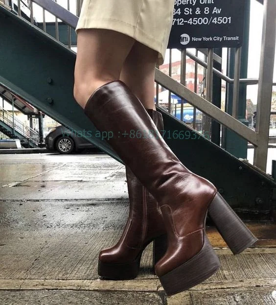 

Cowboy Sexy Platform Brown Zip Knee High Boots Women Street Block High Heel Leather Boots Lady Cute Party Shoes zapatillas mujer