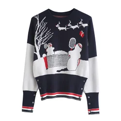 Women Knitted Sweater Fashion Long Sleeve Round Neck Pullover Santa Claus Tree Snow Jacquard Sweater Casual Jumper Christmas