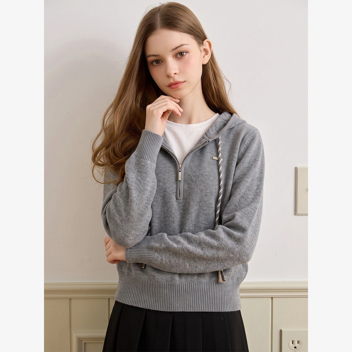 VIMLY Korean Style Drawstring Hooded Knitwear for Women 2026 Autumn Loose-fit Casual Sweater Fashion Versatile Pullover 32053