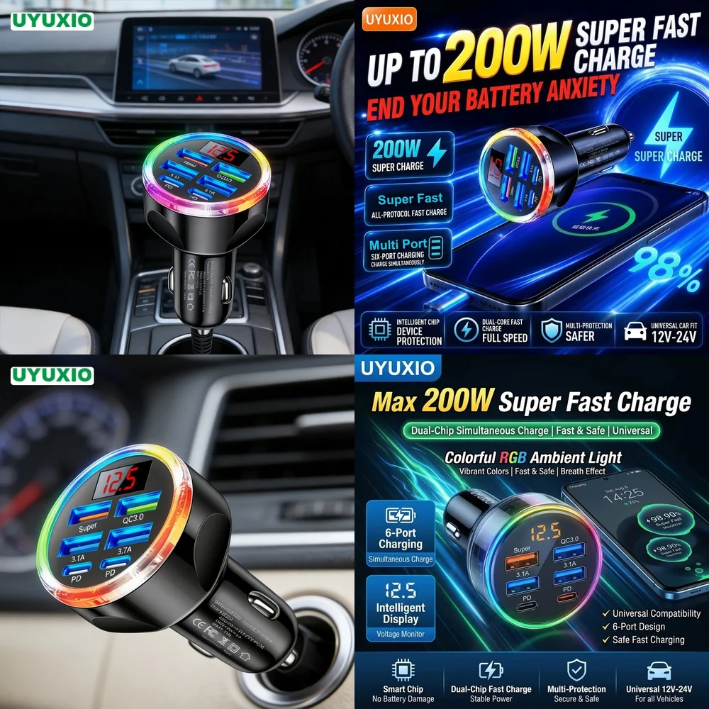 Multi Port USB C Fast Car Charger New Products 2026 for iPhone 18 17 16 Samsung S26 S25 S24 with Fast Charging RGB LED Light Hub