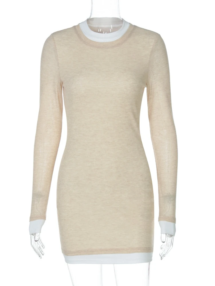 Woman Clothes O-neeck Long Sleeve Patchwork Short Dress Female Autumn High Waist Bodycon Mini T-shirt Dresses Y2K Streetwear