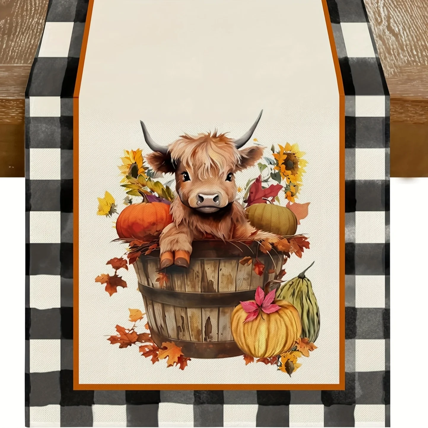 1pc Highland Cow Fall Table Runner - Autumn Thanksgiving Runner With Pumpkins Maple Leaves & Buffalo Plaid Design For Dini