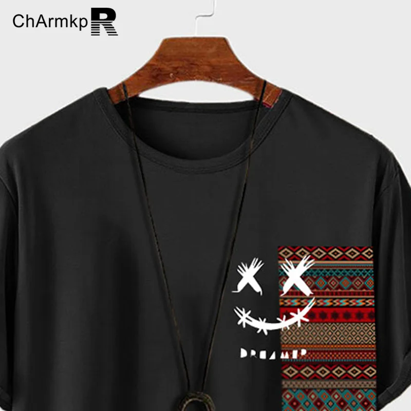 2024 ChArmkpR Summer Men T-Shirts Geometric Print Patchwork Short Sleeve Tops Streetwear Camisas Men Clothing Oversize Tee S-2XL