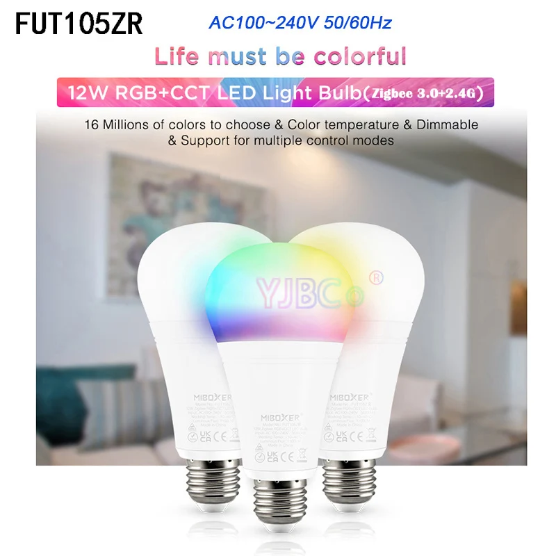 Miboxer 12W RGB+CCT LED Bulb E27 Smart Light FUT105ZR 2.4G switch/Zigbee 3.0 Remote/DMX512 LED transmitter Control 110V-220V AC