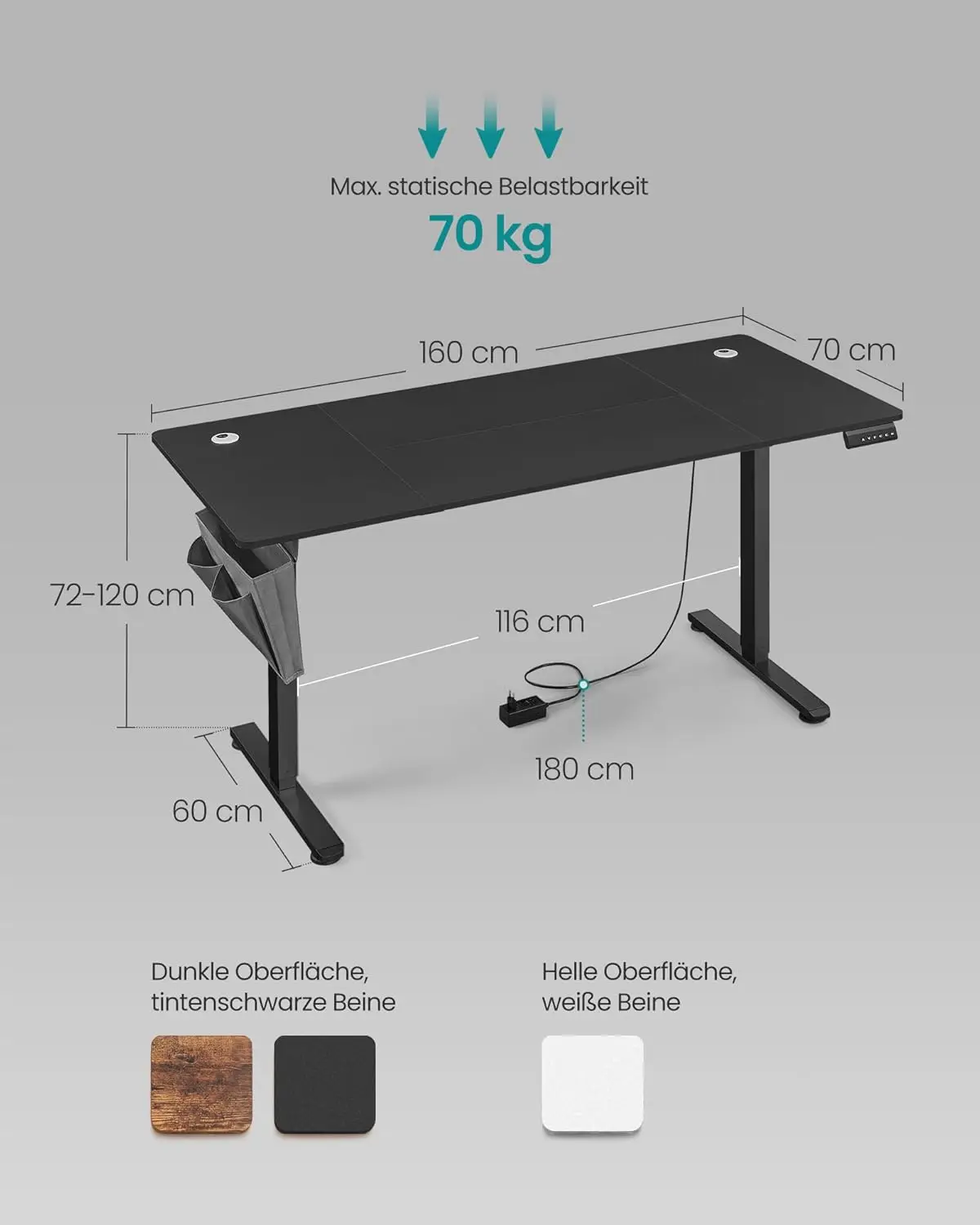 LSD136B01 Höhenverstellbarer elektrischer Schreibtisch, 70 x 160 x 72–120 cm, Speicherfunktion mit 4