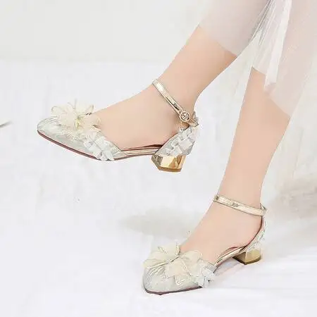 Summer 2024 Fashion Princess Style Lace Butterfly-knot Princess Sandals Buckle Strap Block Heel Sliver Pink Party Shoes Women