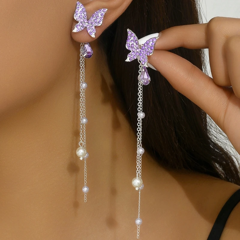 Purpule Rhinestone Butterfly Tassel Earrings for Women Imitation Pearl Beads Pendants Thread Long Hainging Earrings 2025 brincos