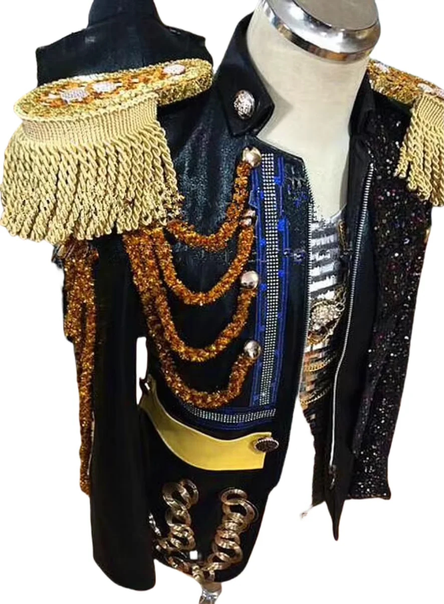 Handmade Man Cool Chain Epaulet Tassel Roayl Jacket  Stage Host Party Show Performal Dress  Bar Singer Theme Clubwear