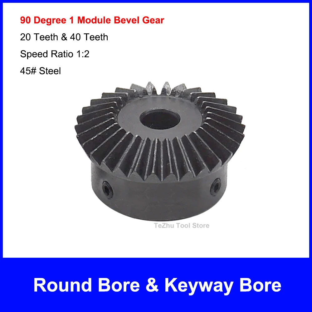 

1PCS Single 45# Steel 90 Degree 1 Module Bevel Gear 20 Teeth & 40 Teeth Meshing Angle Gear Speed Ratio 1:2 Keyway Bore 6mm-20mm