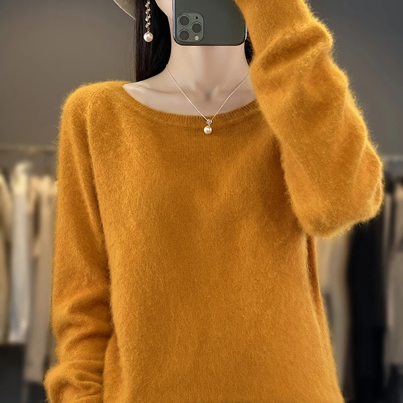 Mink Cashmere Sweater for Women,Loose Pullover,Low O-Neck, Long Sleeve,Contracted Commuter,Basic Knitwear Tops,Autumn and Winter