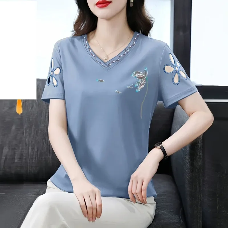 Short Sleeve Women's Clothing V-Neck Pullover Chiffon Plant&Flowers Printing T-shirt Comfortable Modern Minimalist Tops XQ368