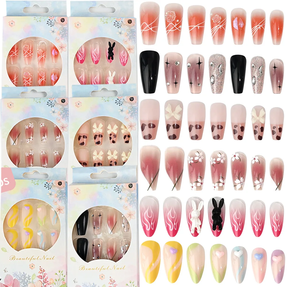 6Boxes Pink Rabbit Flame Press On Nails Mixed Nail Kits Medium Almond/Coffin fake nails 144PCS Fashion Bows/Flowers False Nails#