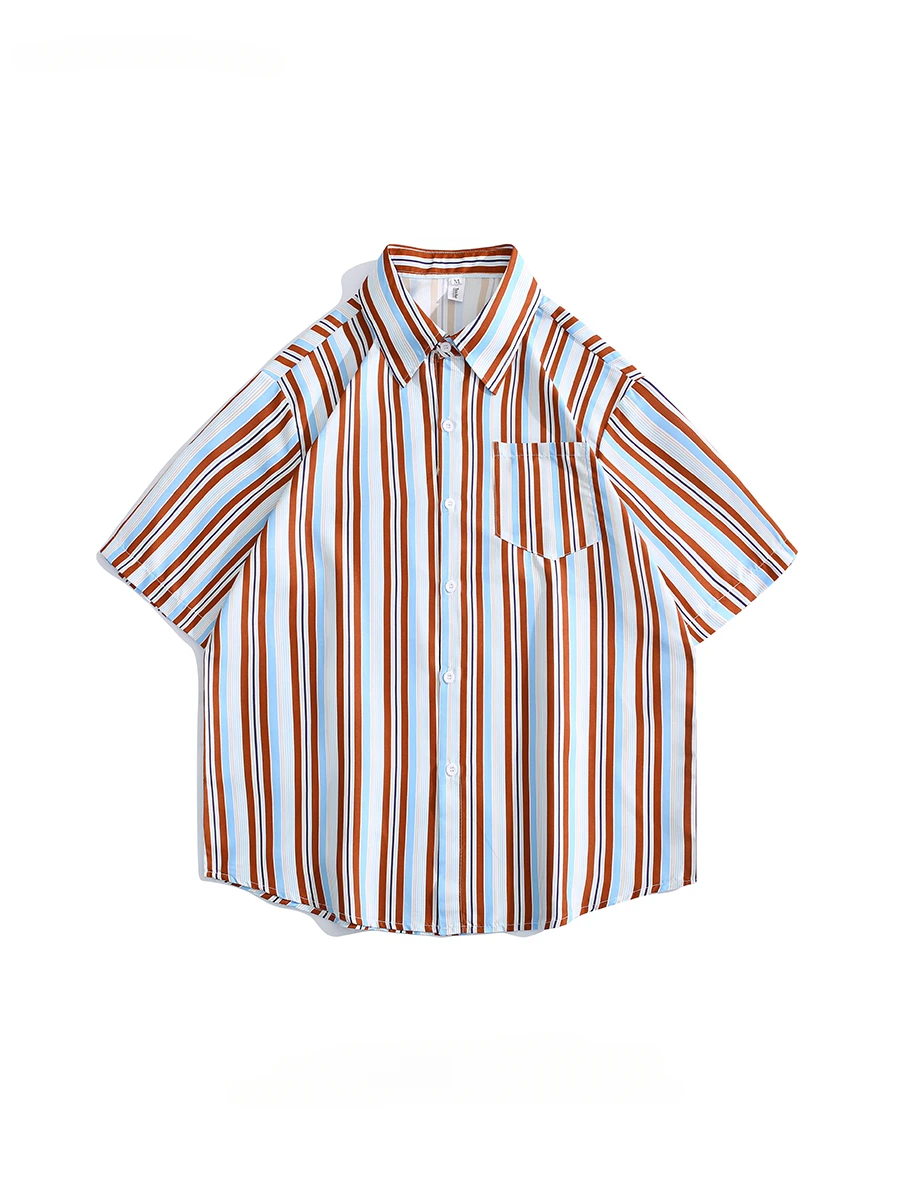 

Men's American Youth Vertical Striped Ice Silk Short-sleeved Shirt Trendy Street Handsome Loose Casual Thin Button Blouse Tops