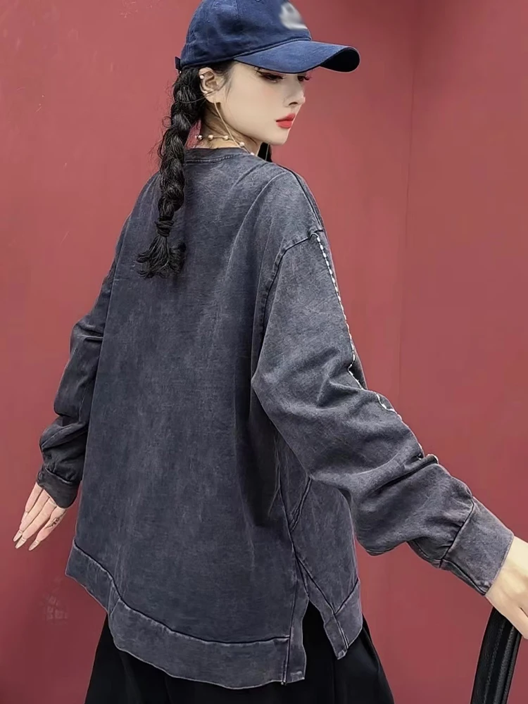 Amax LuluE 2026 Fall Womens Fashion Big Size Vintage T-shirts Loose Embroidery O Neck Clothes Womens Casual Classic Cotton Tops