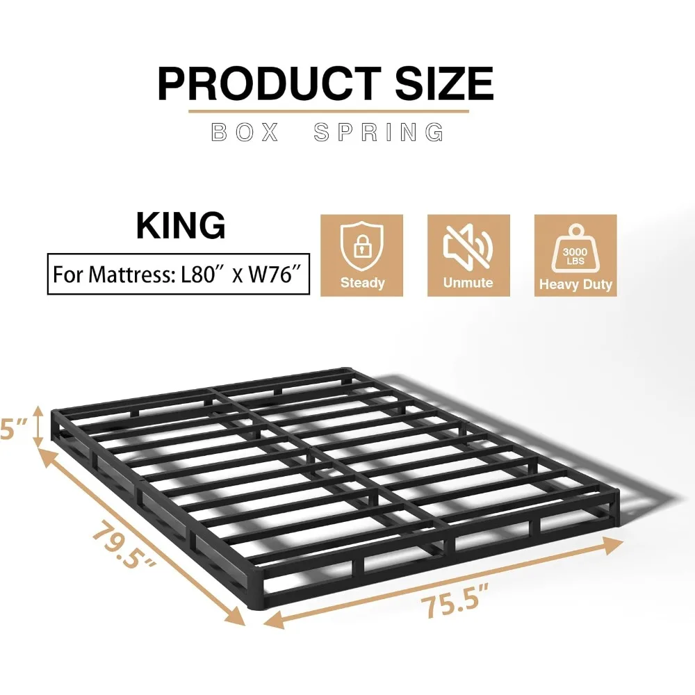 5 Inch King Box Spring, Heavy Duty Metal Mattress Foundation, 3000 lbs Capacity, Low Profile