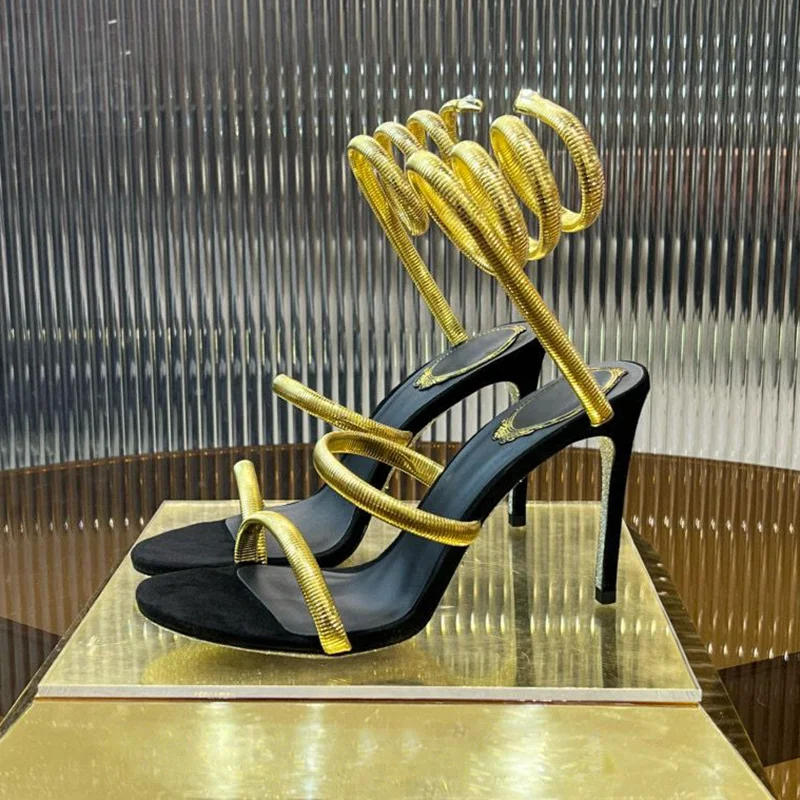 Thin High Heels Sandals Women Metal Ankle Snake Shaped Winding Party Banquet Fairy Shoes Summer Open Toe Gladiator Sandalias
