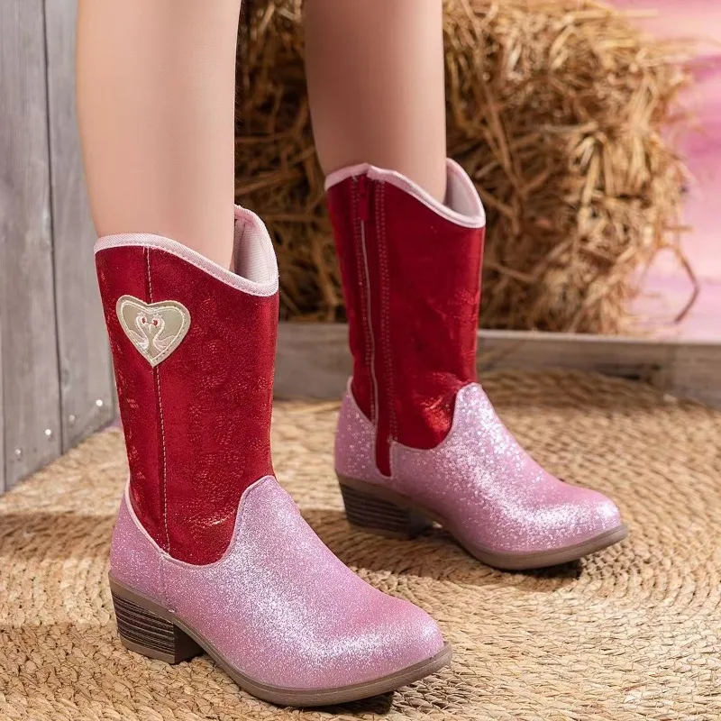 Botas Altas de Moda Vaquera con Brillo Rosa para Niña, Botines Largos Vaqueros sin Cordones para Niña, Botas de Tacón Bajo con Punta Redonda para Niña, Tallas 25-36