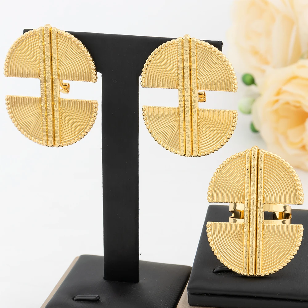 

2PCS Gold Color Jewelry Sets for Women Geometry Earrings Adjustable Ring African Wedding Ornament Gifts Jewelry Accessories