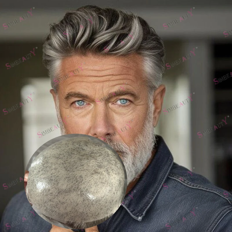 

Super Durable 0.06mm-0.08mm Full Vlooped Thin Skin Base Men Toupee 100% Human Hair Old Men Toupee Brown with Grey Hair System