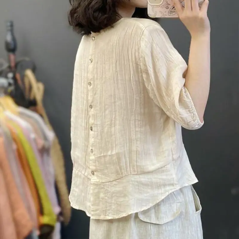 Women Summer Simplicity Elegant Loose Pleated Solid Color O-neck Short Sleeve Shirts Women Clothes Casual All-match Trend Tops