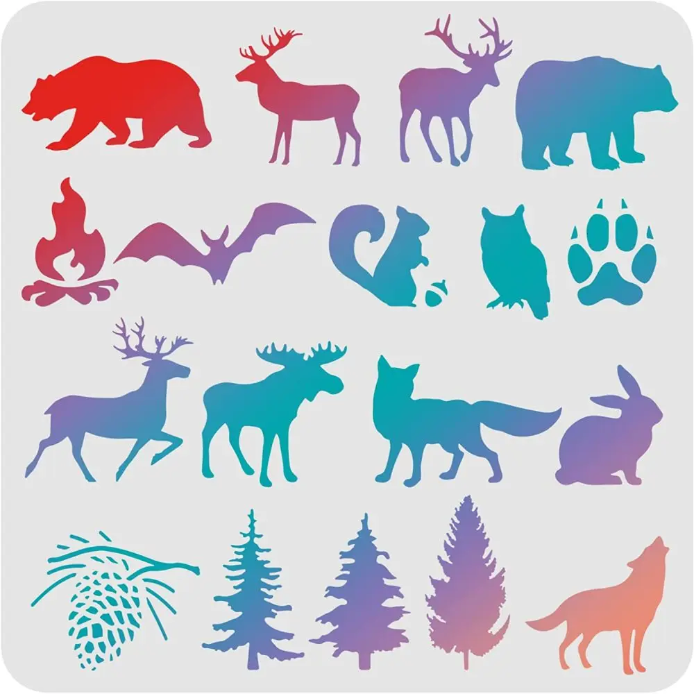 Animal Stencils Template Plastic Forest Animals Drawing Painting Stencils Bear, Deer Wolf Pine Pattern Reusable Stencils