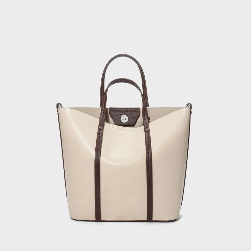 

Brown Leather Tote Bag Signature Lock Detail Dual Handles Roomy Stylish Versatile Evening Party Women’s Elegant Fashion Handbag