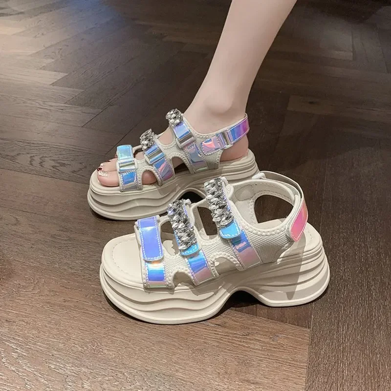 

Summer Top Quality Mesh Synthetic Genuine PU Leather Chunky Sneakers Women Vulcanize Platform Wedge Mixed Color Comfy Sandals