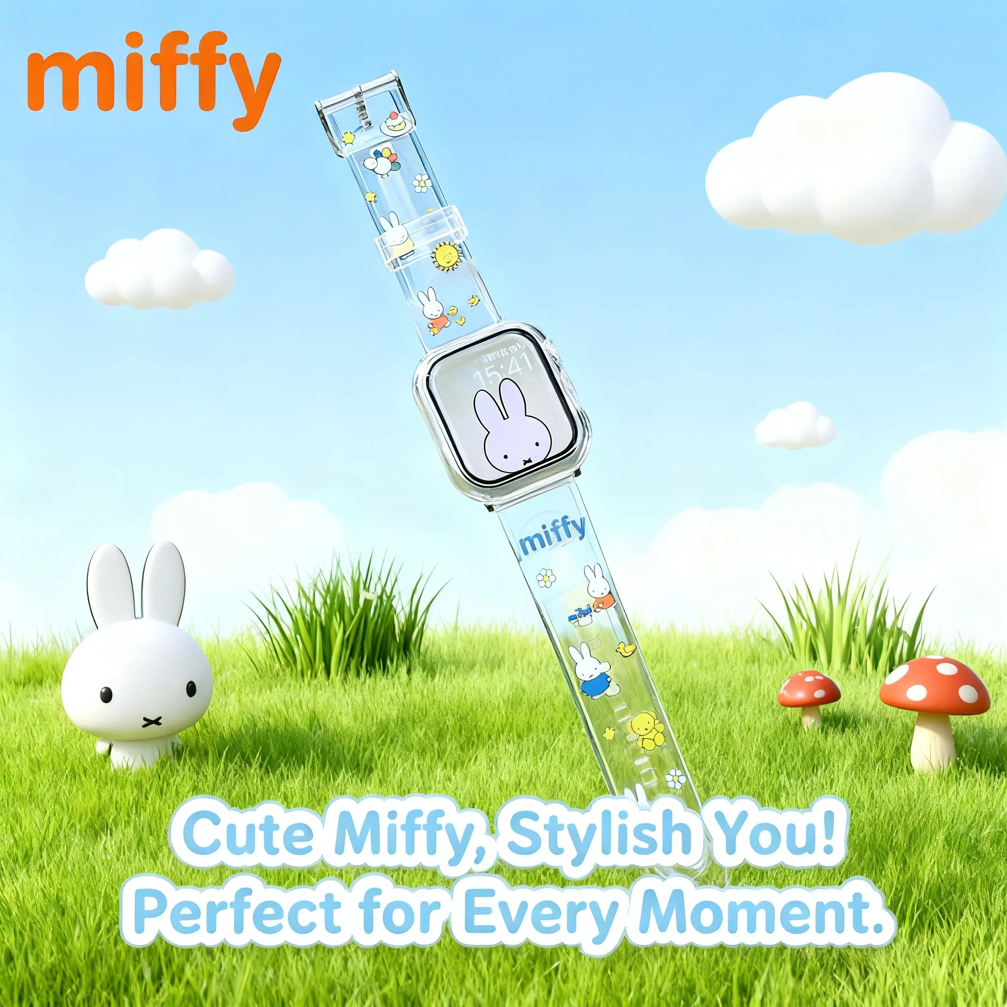 Miffy Apple Watch Case Cute Cartoon Rabbit Print Transparent Band Girl Summer Wrist Watch Festival Gift 9s 10