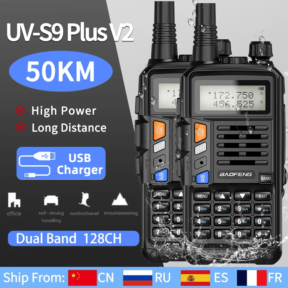 2PCS BaoFeng UV-S9 PLUS V1 V2 Walkie Talkie 10W Powerful CB Radio Transceiver 16KM Long Range Portable Waterproof Two Way Radio