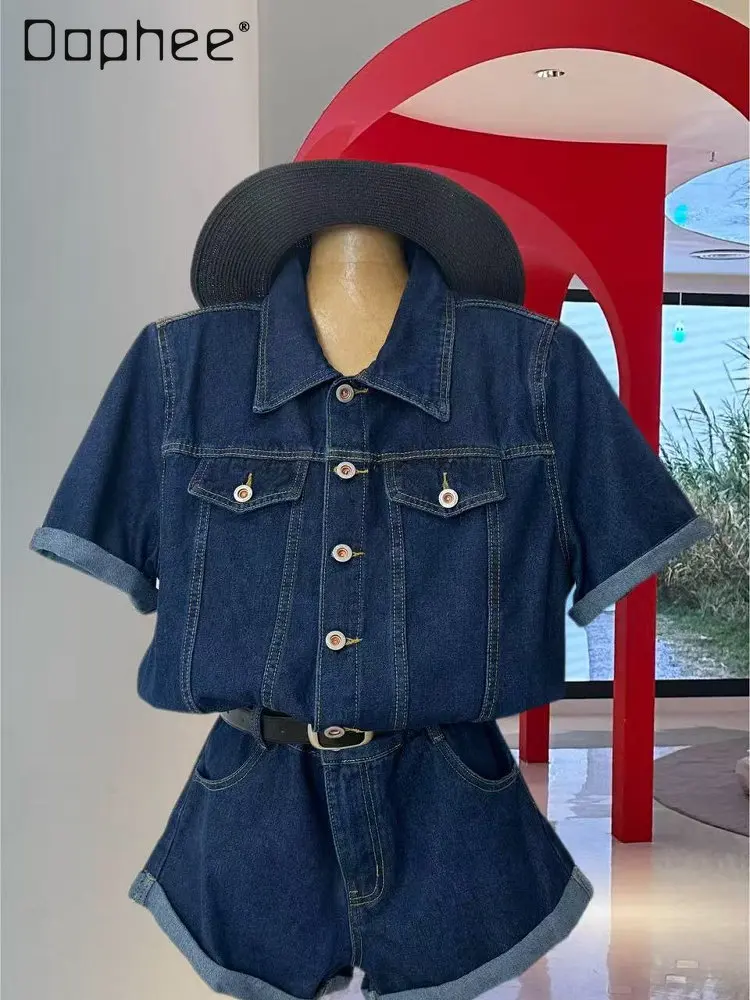 แฟชั่นบุคลิกภาพสีฟ้าแขนสั้นเข็มขัด Slim เอวสูง DENIM Jumpsuit กางเกงขาสั้น COMMUTER สไตล์แนวโน้มอารมณ์ Jumpsuit