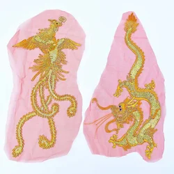 23*44CM/Golden Dragon,Phoenix Applique Sew on Patches,Sequin Gold Thread Lace Embroidery Sewing Patch for Dress,Cheongsam