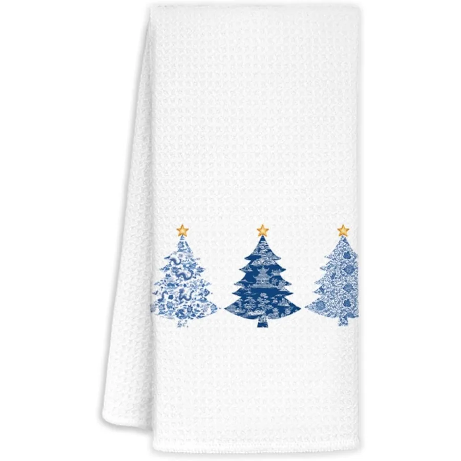 

Christmas Tree Kitchen and Bath Towels Blue and White Porcelain Chinoiserie Pattern 16x24 Ih