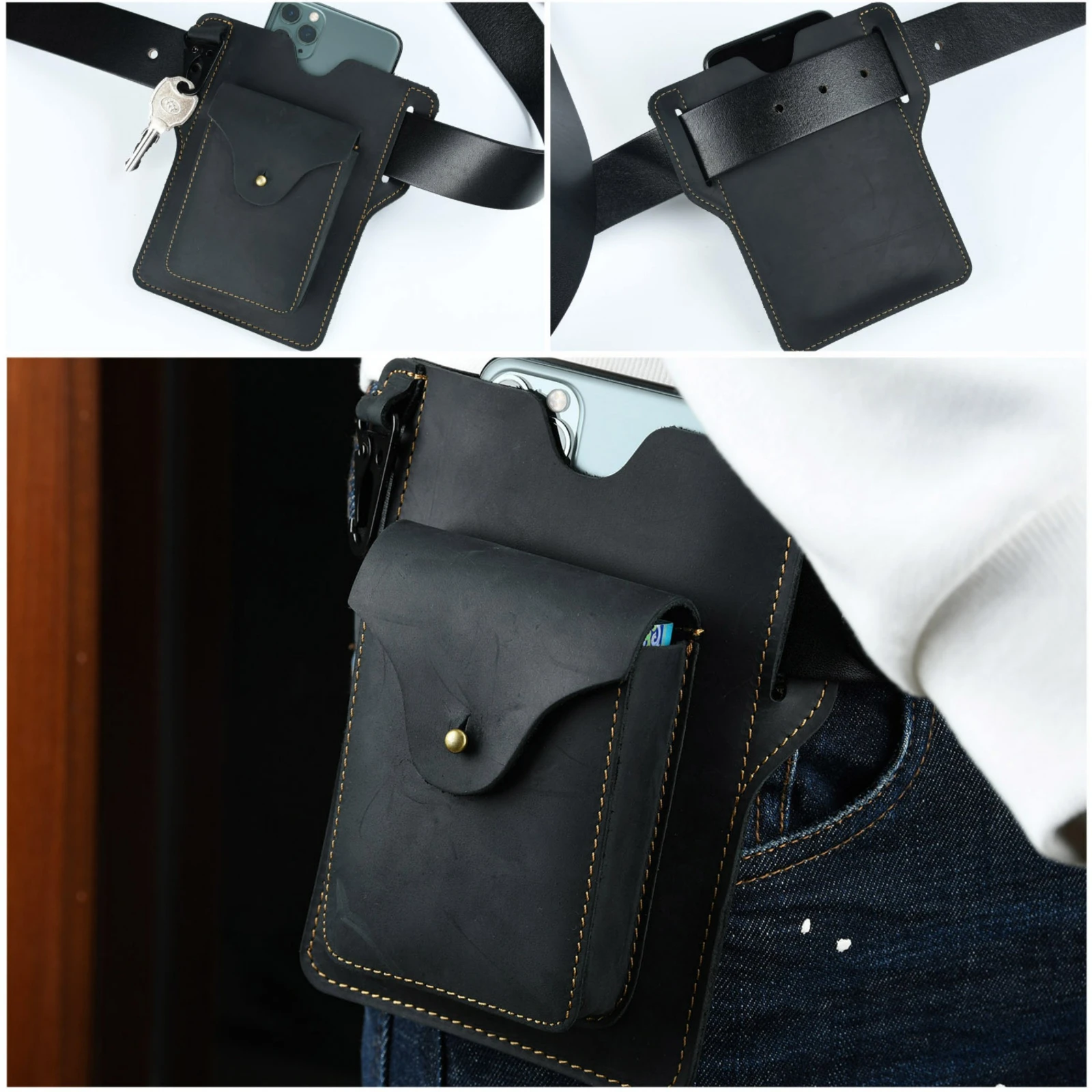 Genuine Leather Fanny Pack Belt Clip Cellphone Holster Holder Pouch for 6.7inch Phones, Vintage Phone Waist Bag Belt Bag