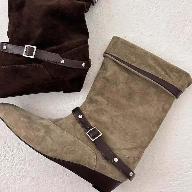 Women's Ankle Boots Retro Western Cowboy Boots Women New Belt Buckle Knight Boots for Women 2026 New Fashion Shoe Botas Feminina