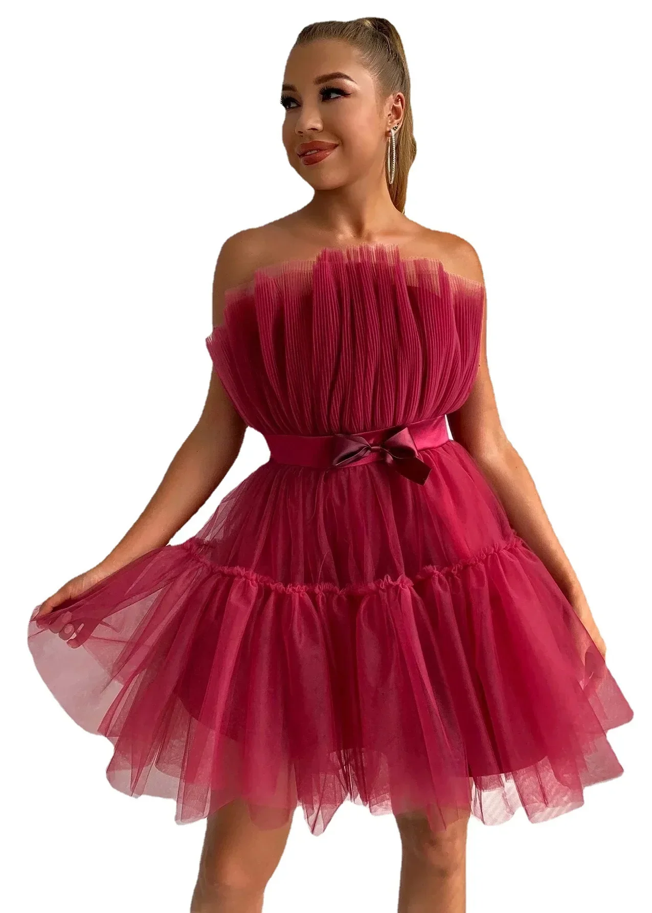 우아한 스트랩리스 메쉬 파티 드레스 여성 로즈 핑크 오프숄더 보우 매듭 미니 드레스 섹시 슬리브리스 볼 가운 클럽 드레스