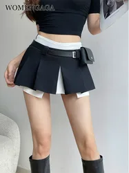 WOMENGAGA American Spicy Girls Preppy Style Waistpack Fake Two Piece Pleated Skirt Women's Design Half Skirt Japanese X8C4
