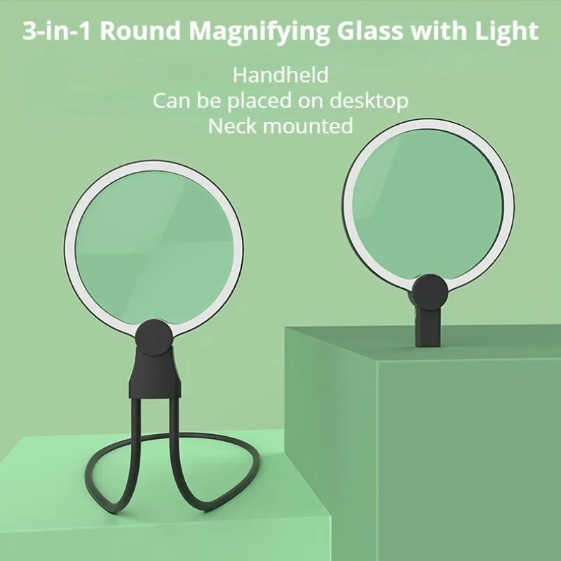 

3in1 Round Magnifying Glass with LED Lights Reading Neck Wear Magnifier Flexible Gooseneck Full Book Page Helping Hands Loupe