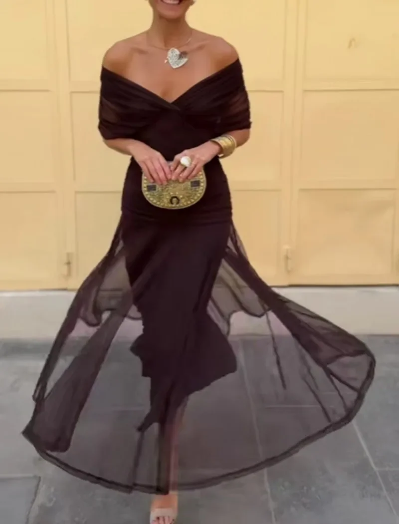 Vestidos de Noche Plisados de Cintura Alta y Sexy para Mujer, Vestido de Fiesta con Mangas Murciélago, Vestido Maxi de Cóctel con Cuello en V, Estilo Francés, Y2K, 2026