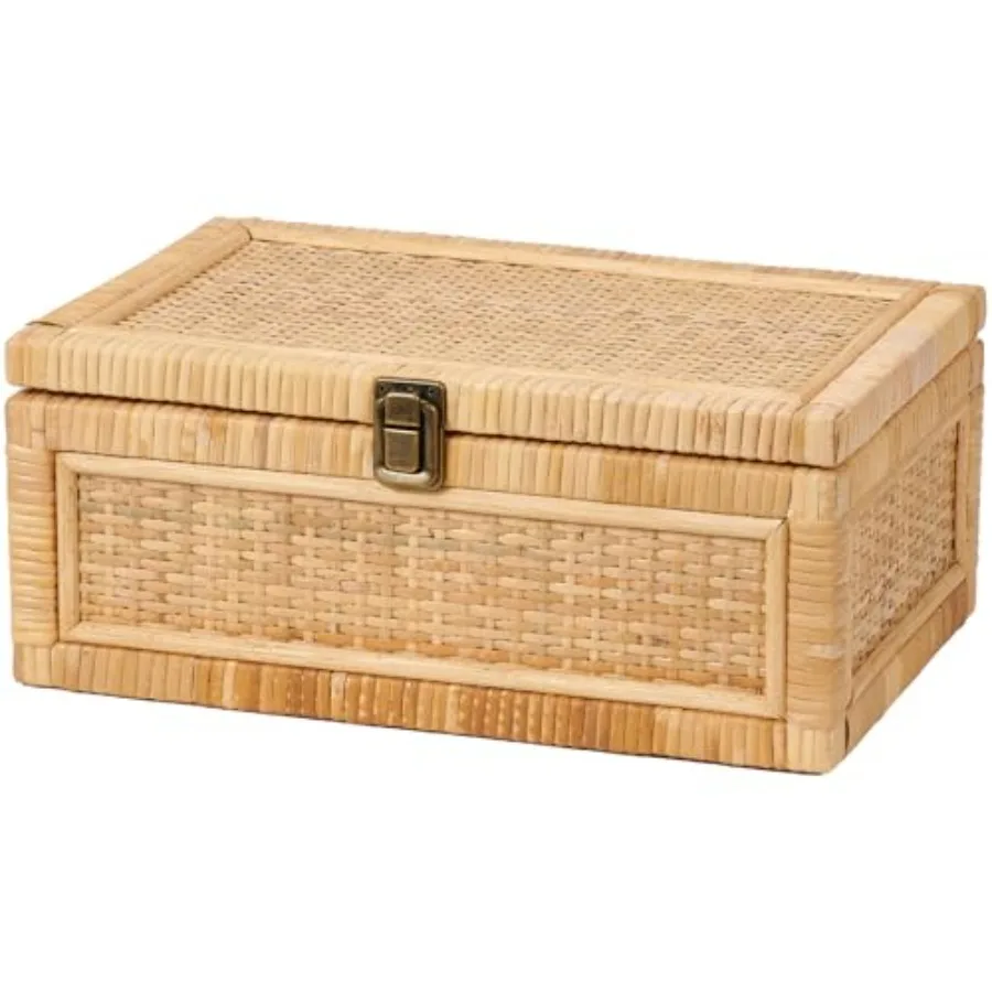 

Rattan Box with Lid Decorative Handmade Boho Rattan Baskets Woven Wicker Cane Bins Keepsake Memory Jewelry Boxes Rectangular De