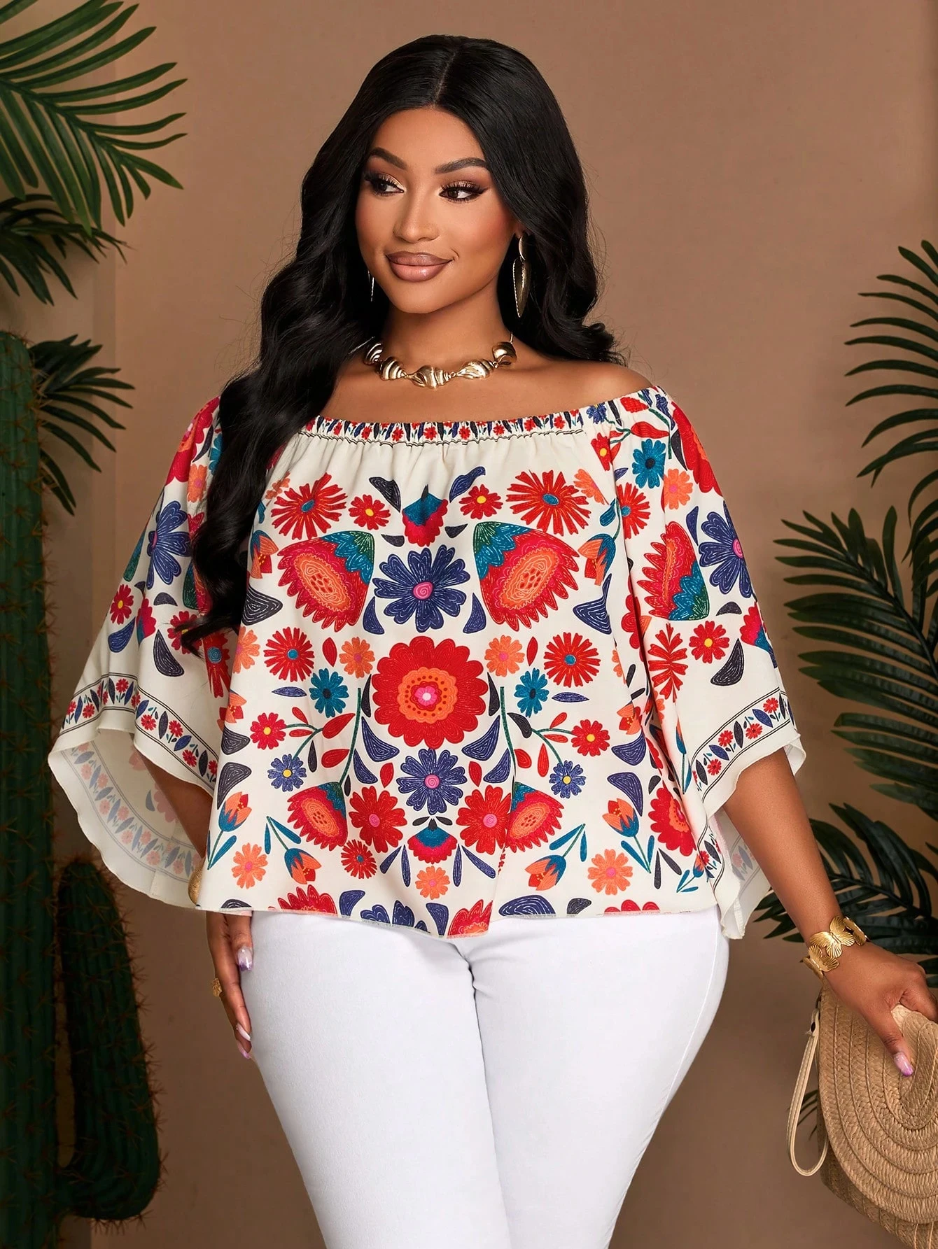 Plus Size Women Off Shoulder Blouse Bohemian Floral Print Flare Sleeve Casual Loose Tops Summer Holiday Party Shirt image 2