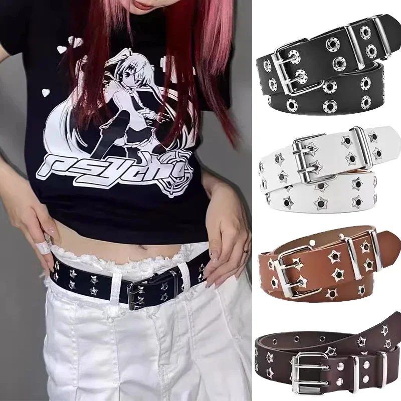 Y2k Women Star Rivet Belt Double Row Hole Belt Punk Waist Strap Hollow Out PU Leather Jeans Decorative Fashion Waistband Belts