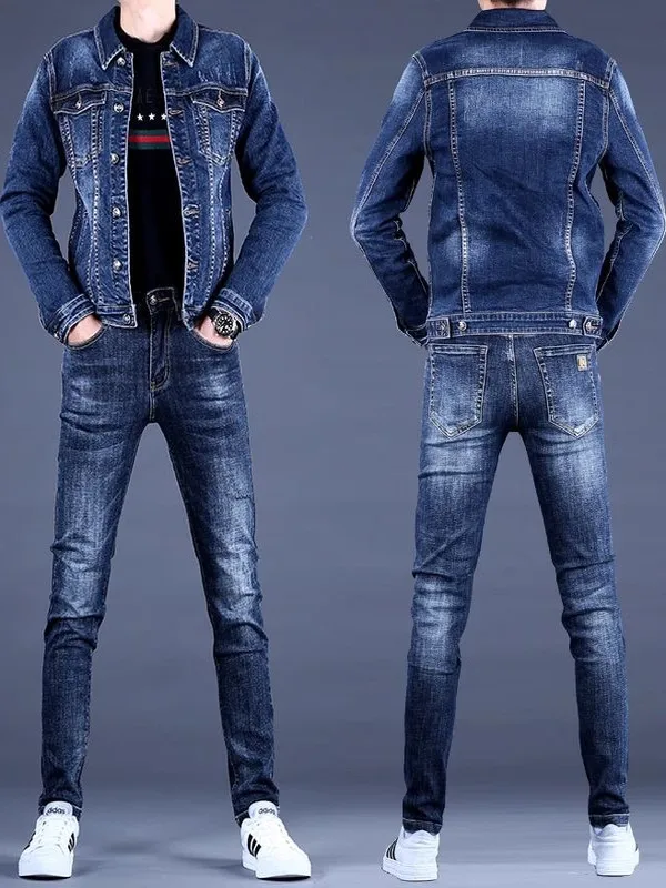

Мужской джинсовый костюм Slim Fit для молодежи: комплект из двух предметов с длинным рукавом, осенний модный повседневный наряд из джинсов, удобный, из смесового хлопка