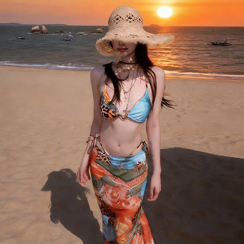 sexy orange leopard print halter tie bikinis sets 3pcs metal ring swimsuits with long skirt swimwear beach outfits sweet biquini