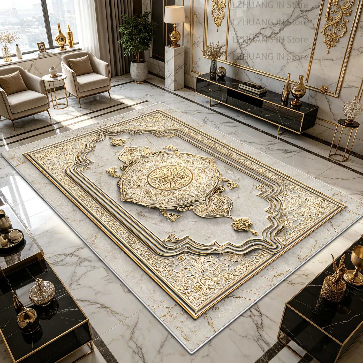 Light Luxury Gold White Marble Area Living Room Carpet Floral Antiskid Room Decoration Aesthetic Rug Plush Foldable Kitchen Mat