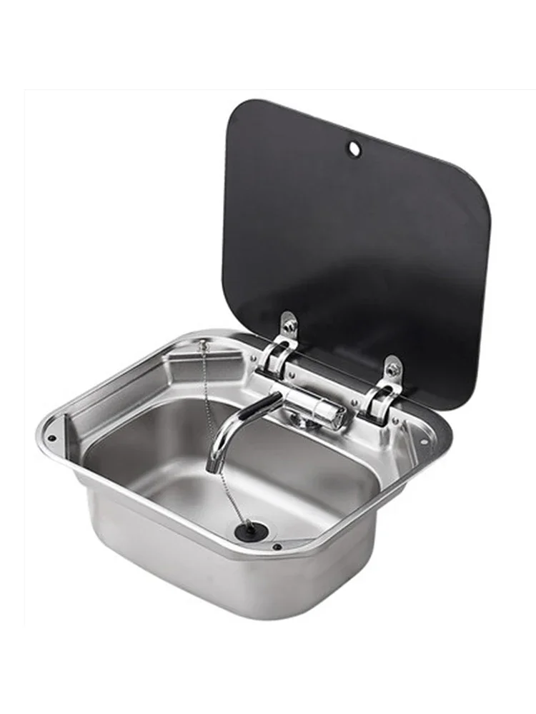 RV Camping 304 Stainless Steel Wash Basin Sink with Tempered Glass Square Flap Camping Accessories Suitable for Caravans